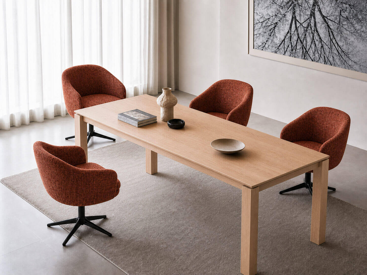 Luno swivel dining chairs paired with an oak dining table