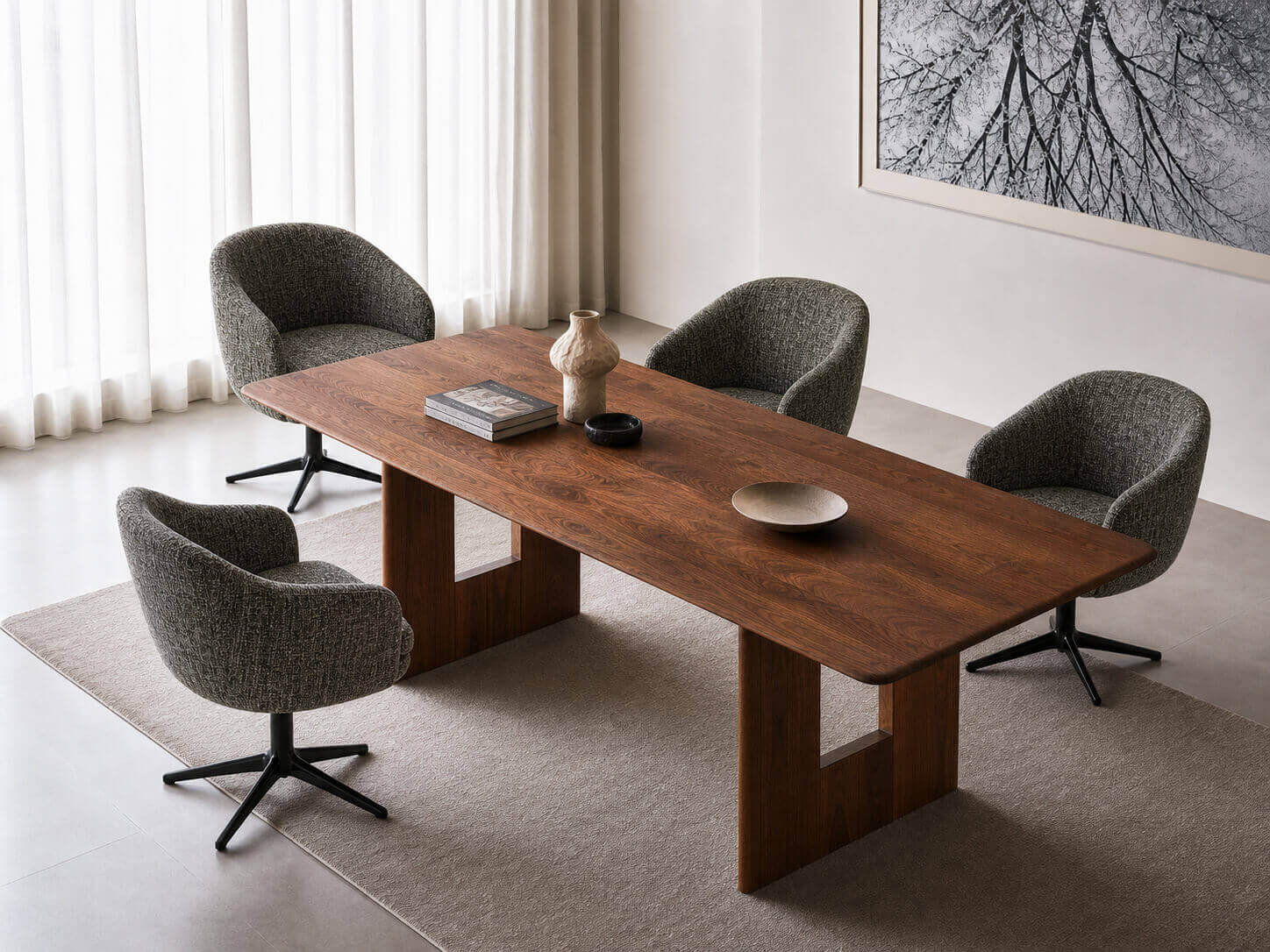 Luno swivel dining chairs paired with a walnut dining table