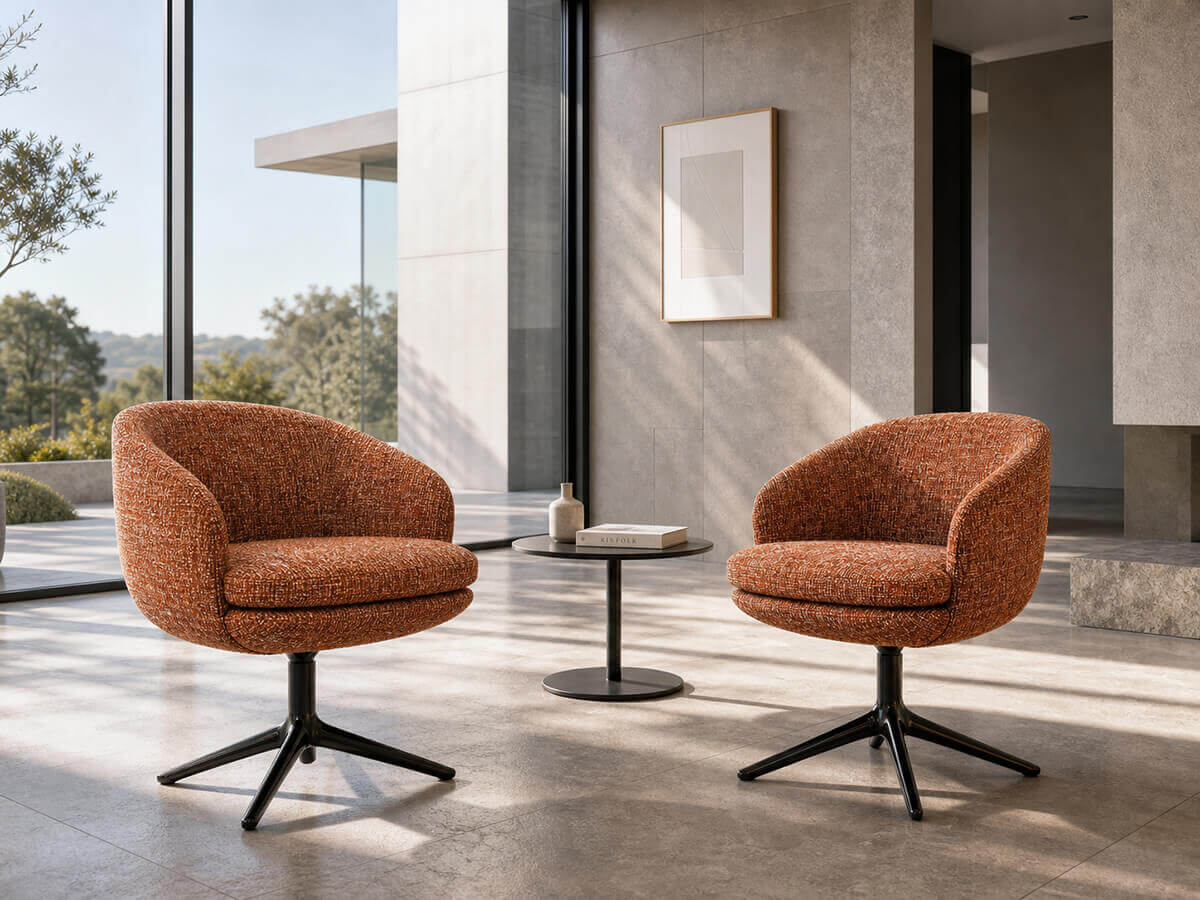 Pair of Luno swivel dining chairs in orange fabric