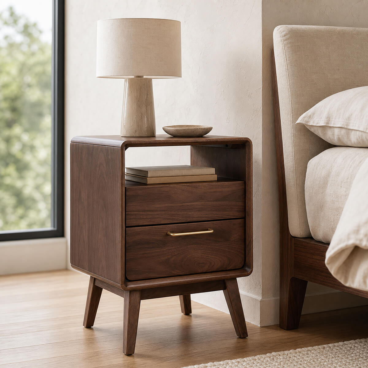 Luxembourg solid walnut bedside table in a contemporary bedroom