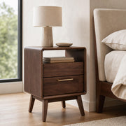 Luxembourg solid walnut bedside table in a contemporary bedroom