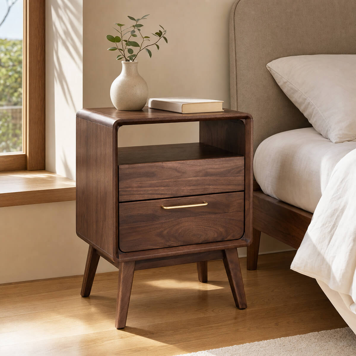 Close-up of solid walnut timber grain on Luxembourg bedside table
