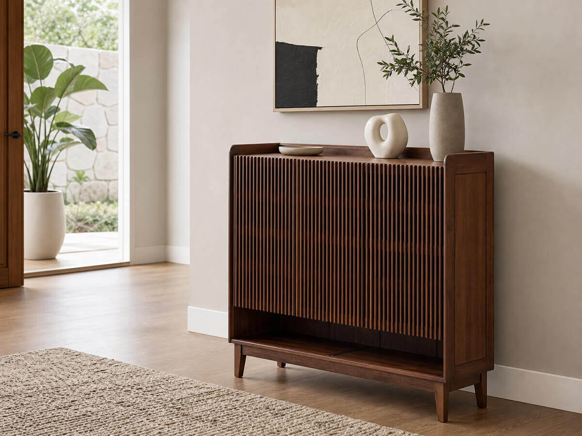 Contemporary entryway featuring the Luxemburg solid walnut shoe cabinet