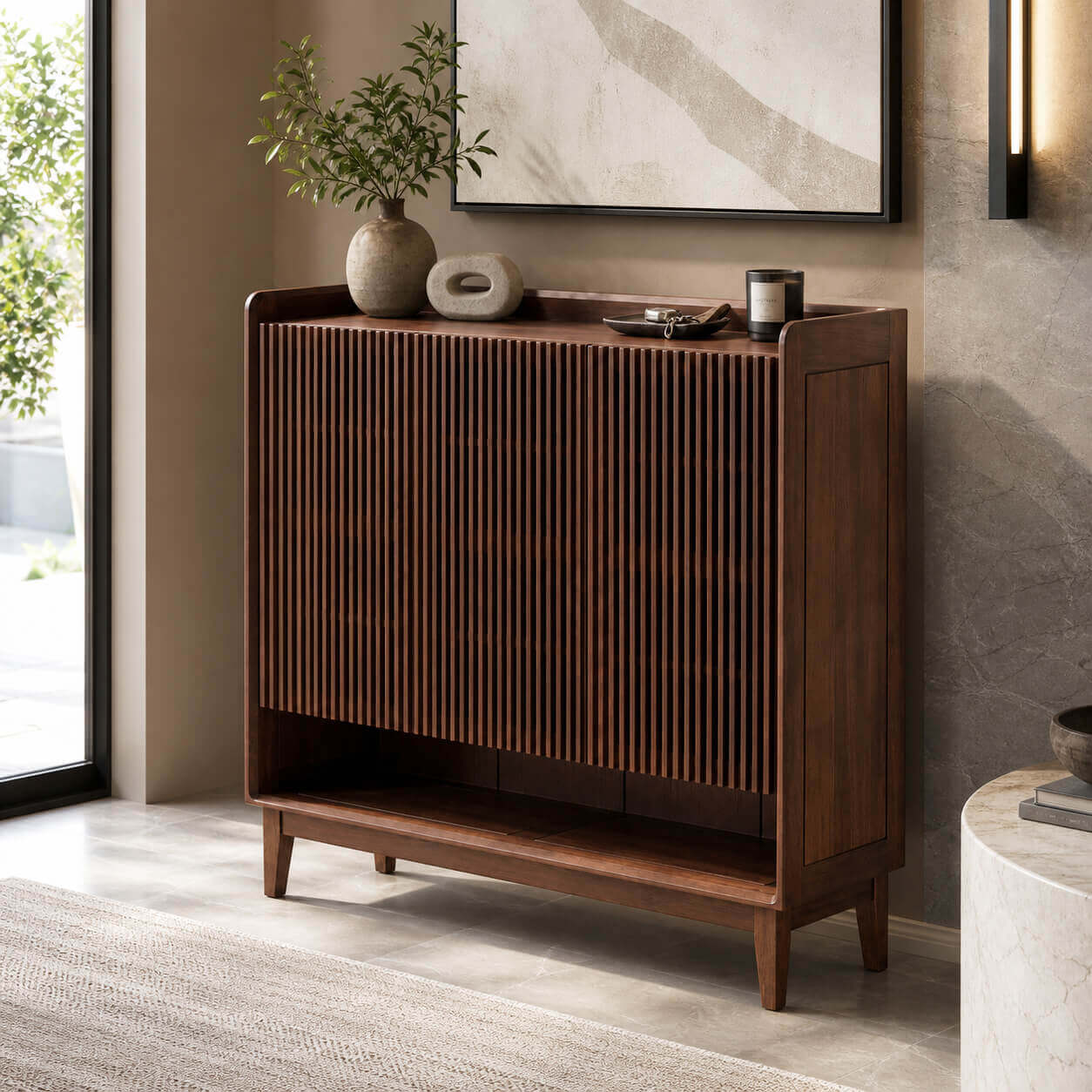 Luxemburg solid walnut shoe cabinet styled in a modern entryway