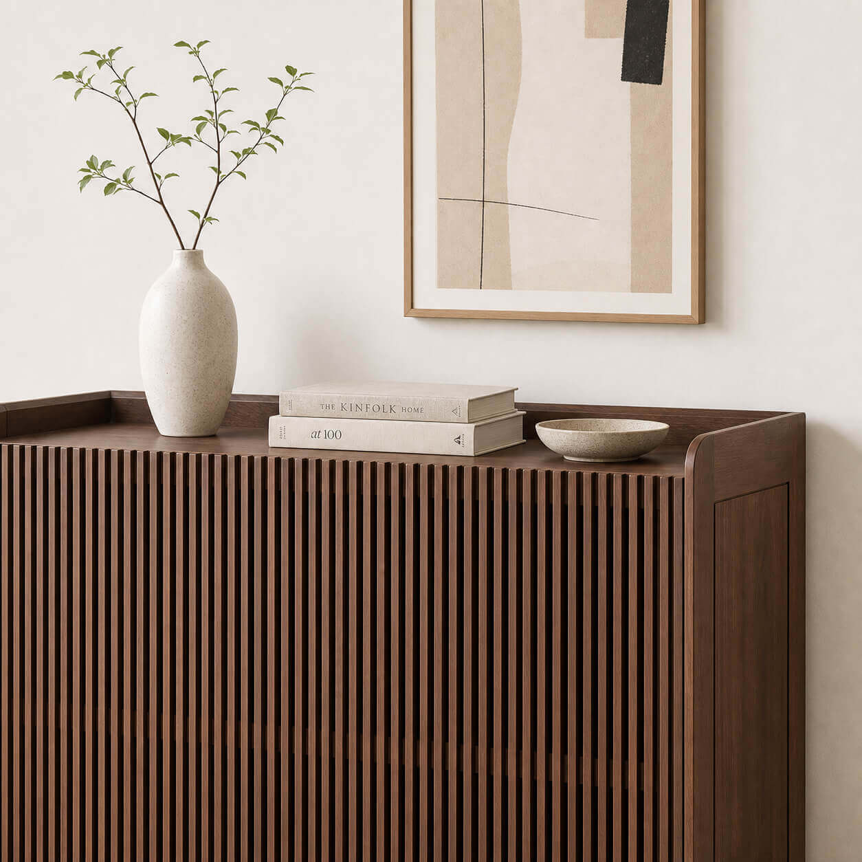 Top styling detail of the Luxemburg solid walnut shoe cabinet
