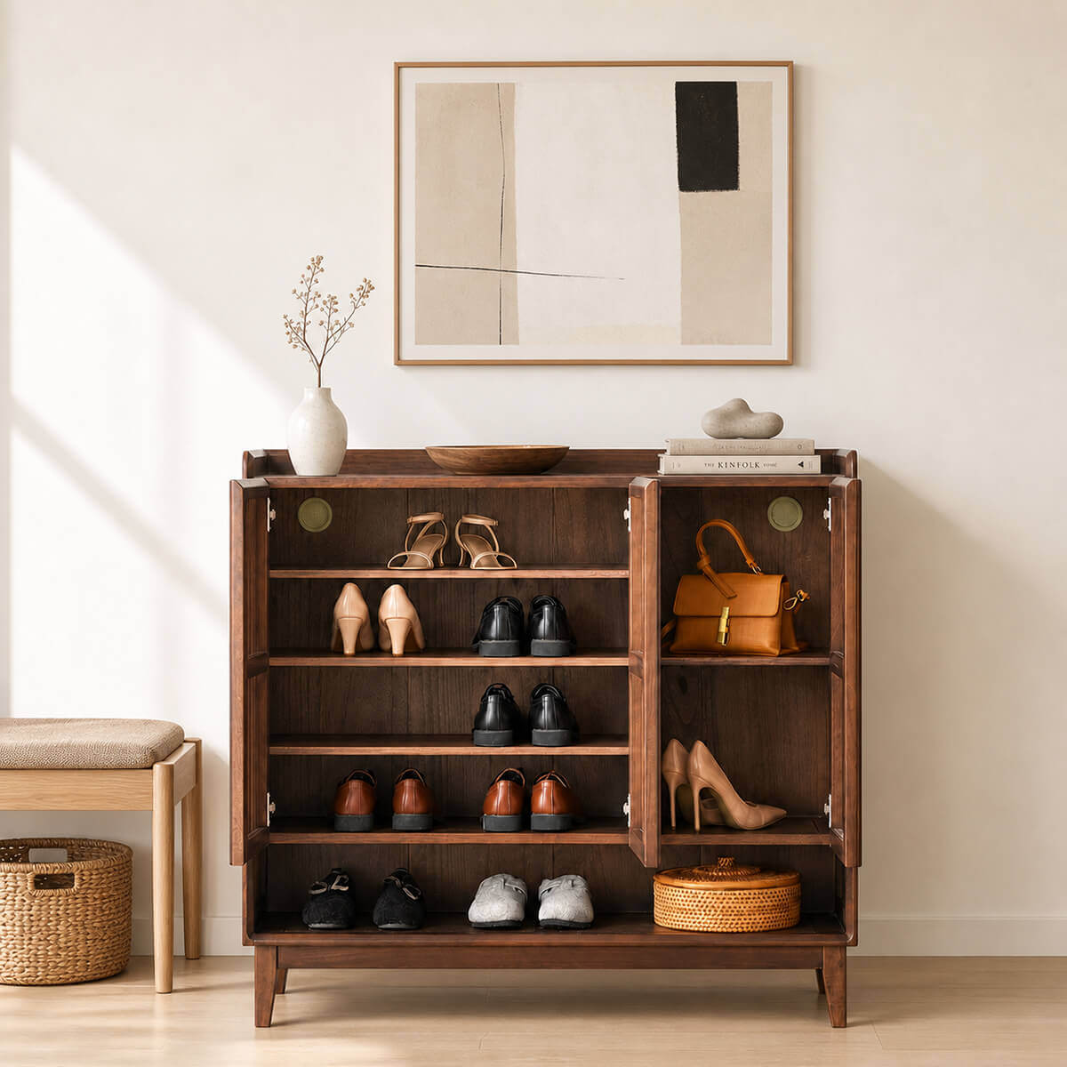 Luxemburg solid walnut shoe cabinet with adjustable shelves and shoe storage