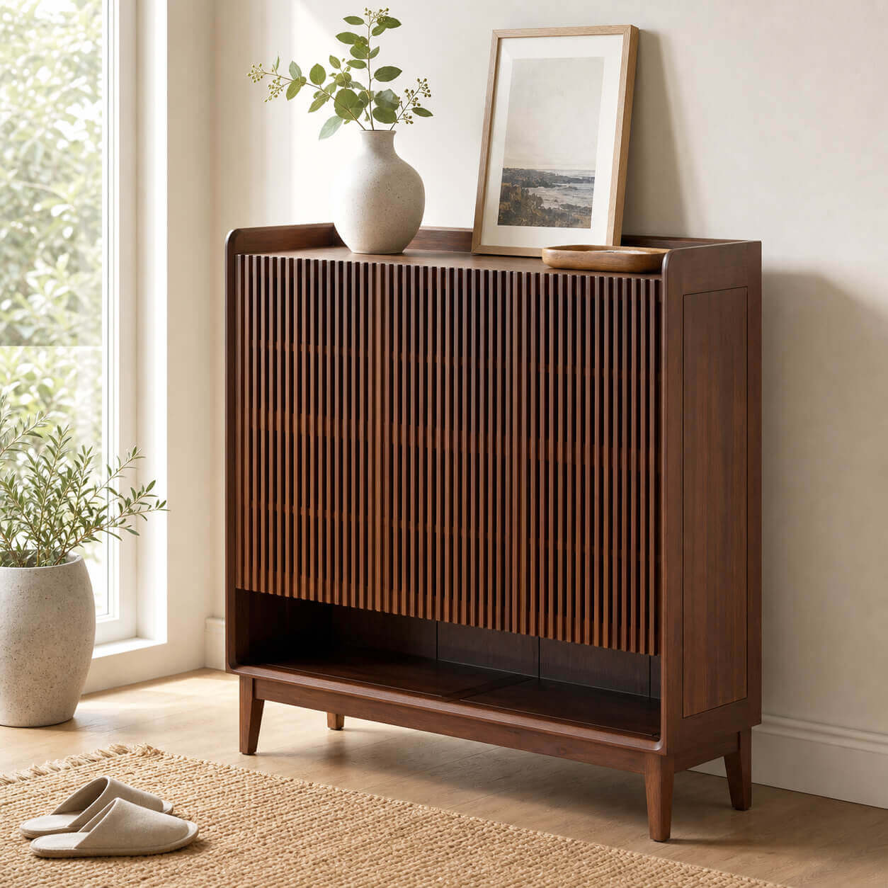 Luxemburg Solid Walnut Shoe Cabinet in a contemporary hallway