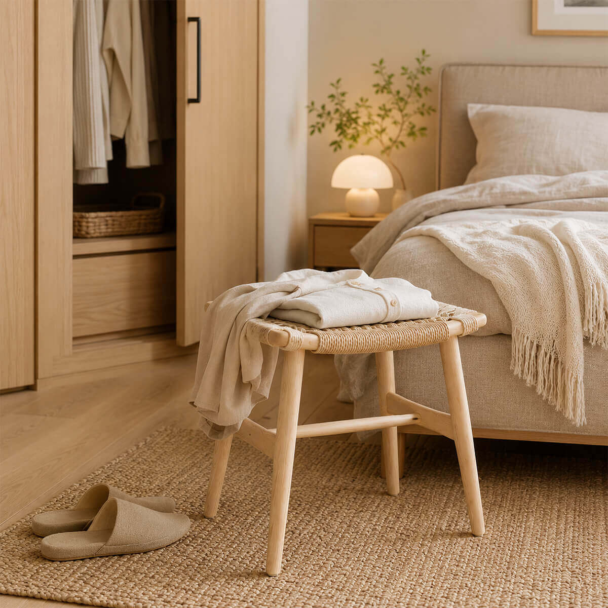 Malmo stool placed at the bedside for clothing and everyday use