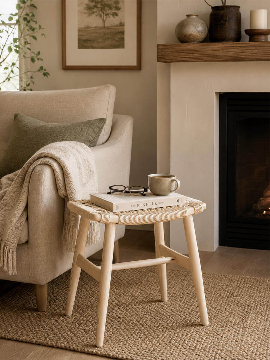Malmo stool used as a side table beside an armchair in a modern living room