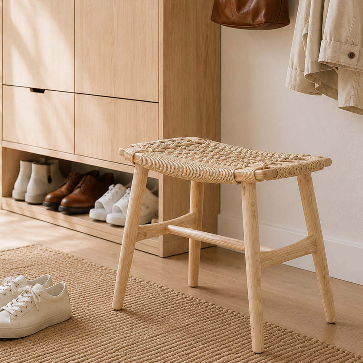 Malmo stool in natural ash used as an entryway shoe changing bench with a timber shoe cabinet