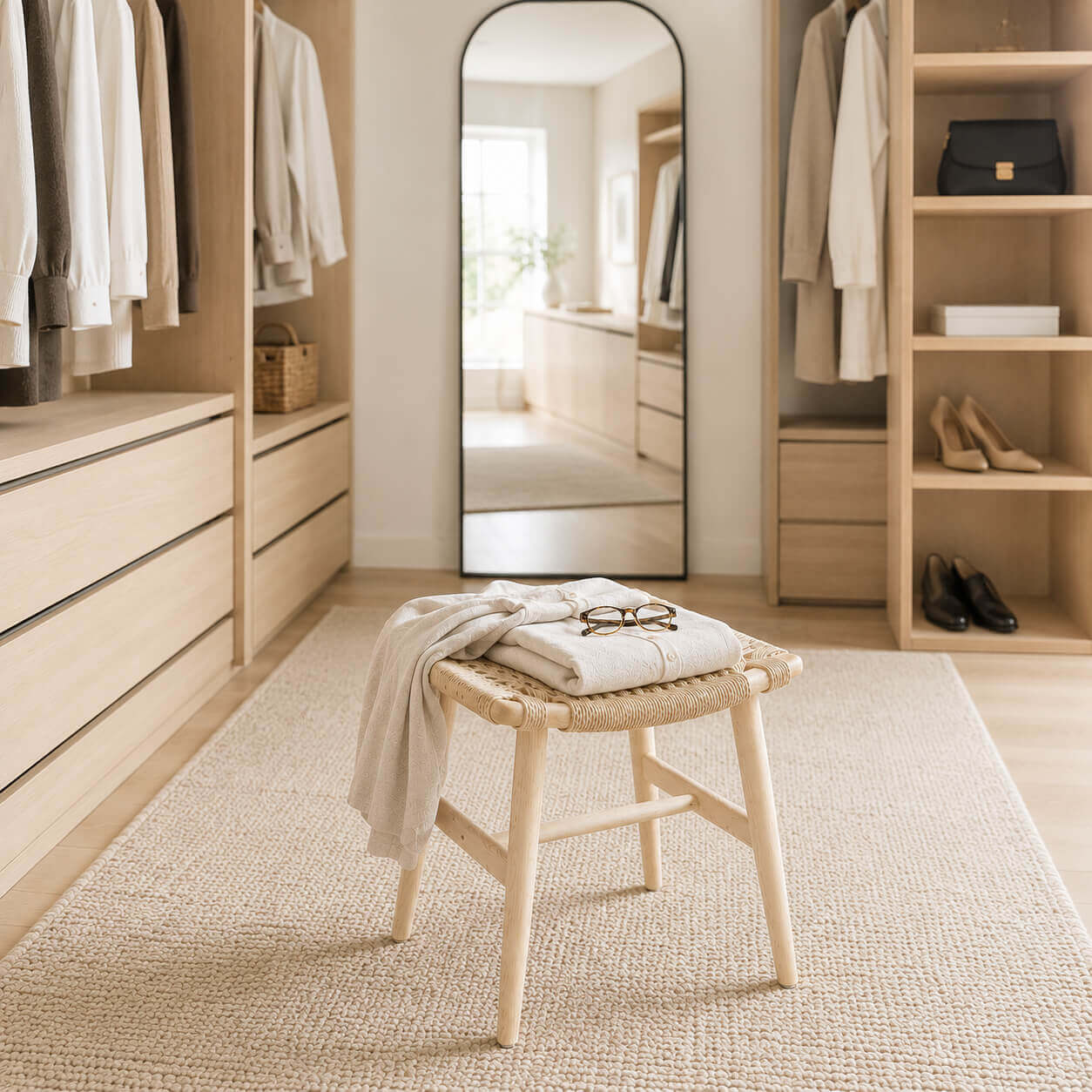 Malmo stool in a modern walk-in closet for dressing and changing shoes