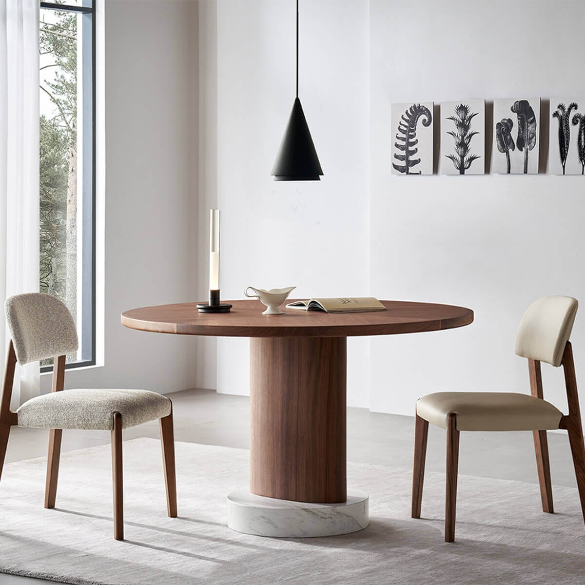 Malo dining chair in solid walnut leather and solid ash fabric options