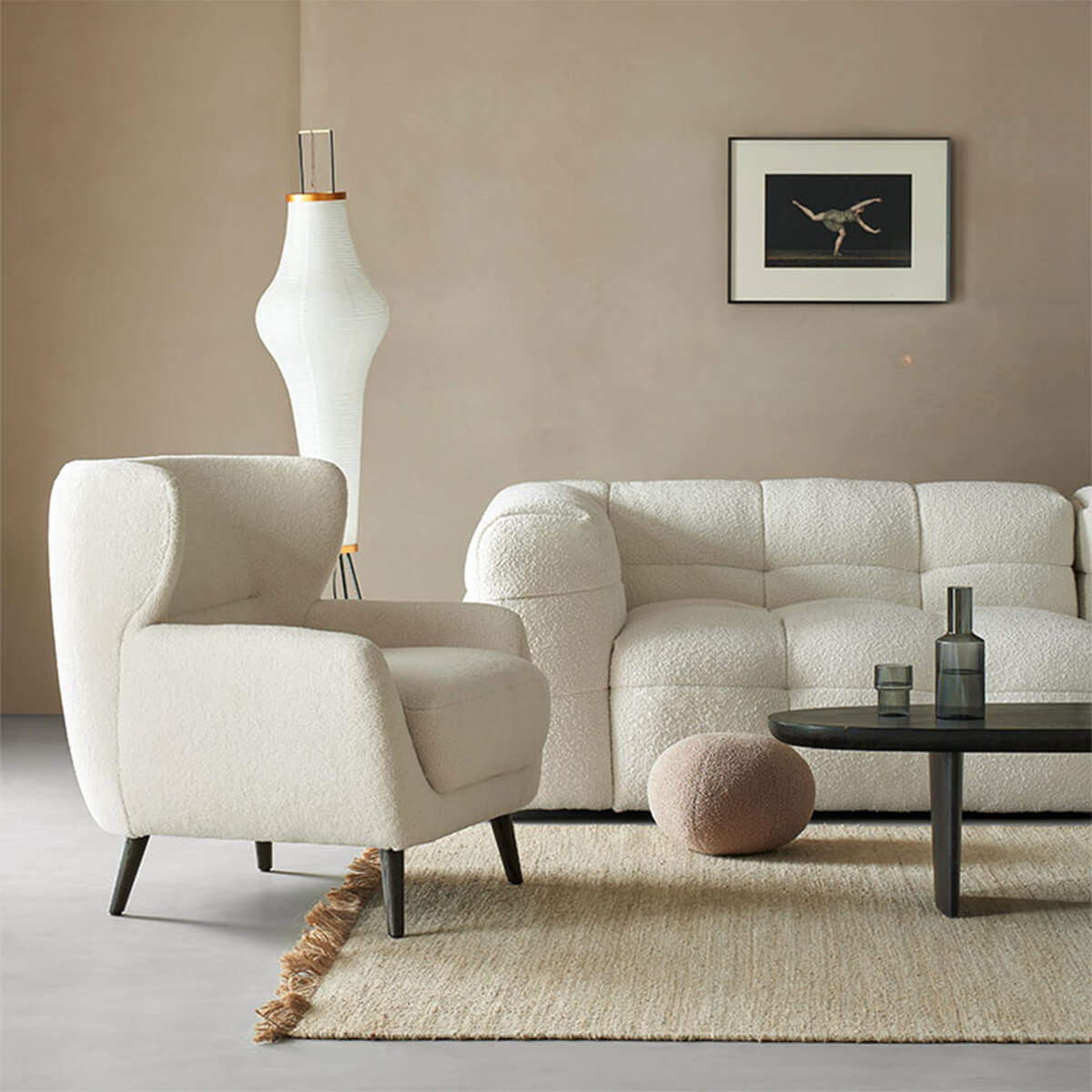 Mandy bouclé armchair styled in a contemporary living room