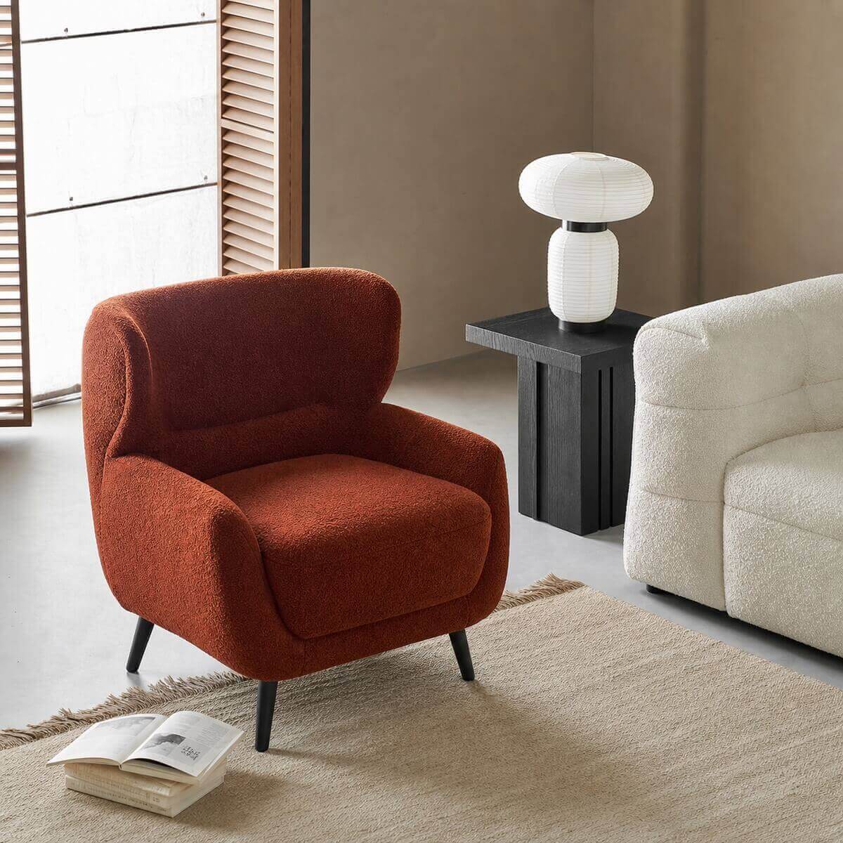 Mandy armchair in red bouclé upholstery
