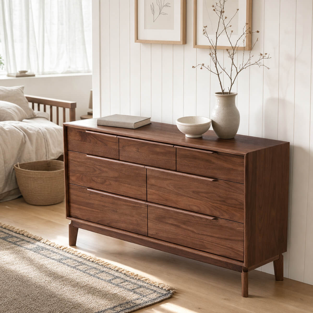 Marcks solid walnut chest of drawers in a modern bedroom