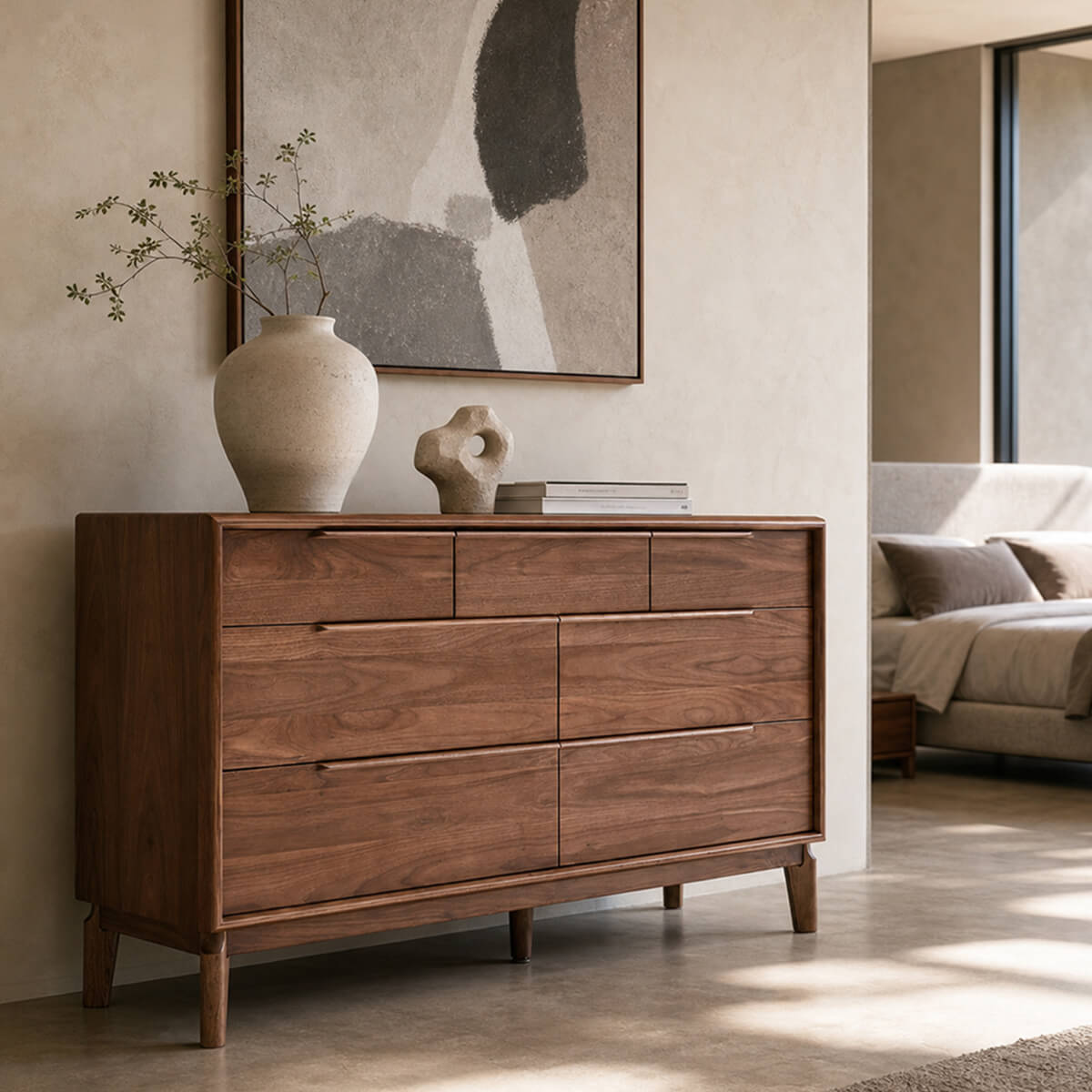 Marcks solid walnut chest of drawers in a bedroom