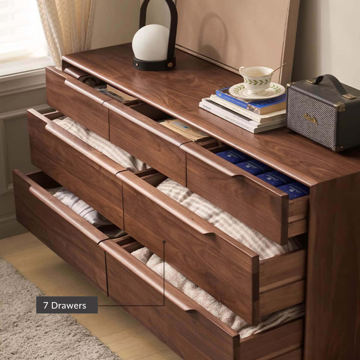 Marcks solid walnut chest of drawers with multiple drawers open