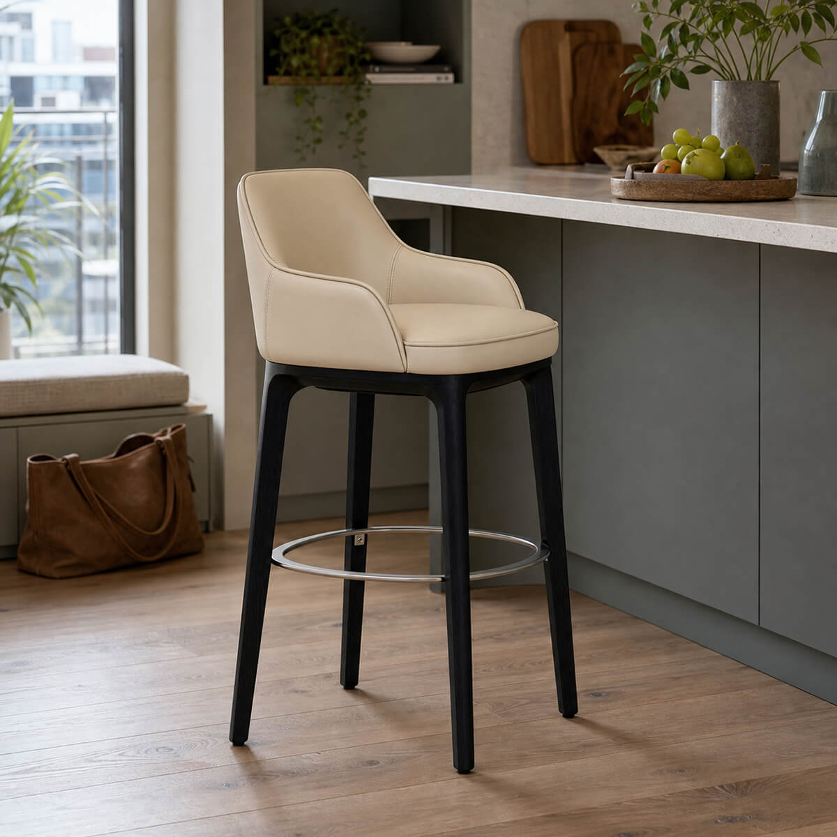 Milo Leather Bar Stool with cream leather upholstery and black frame in modern kitchen