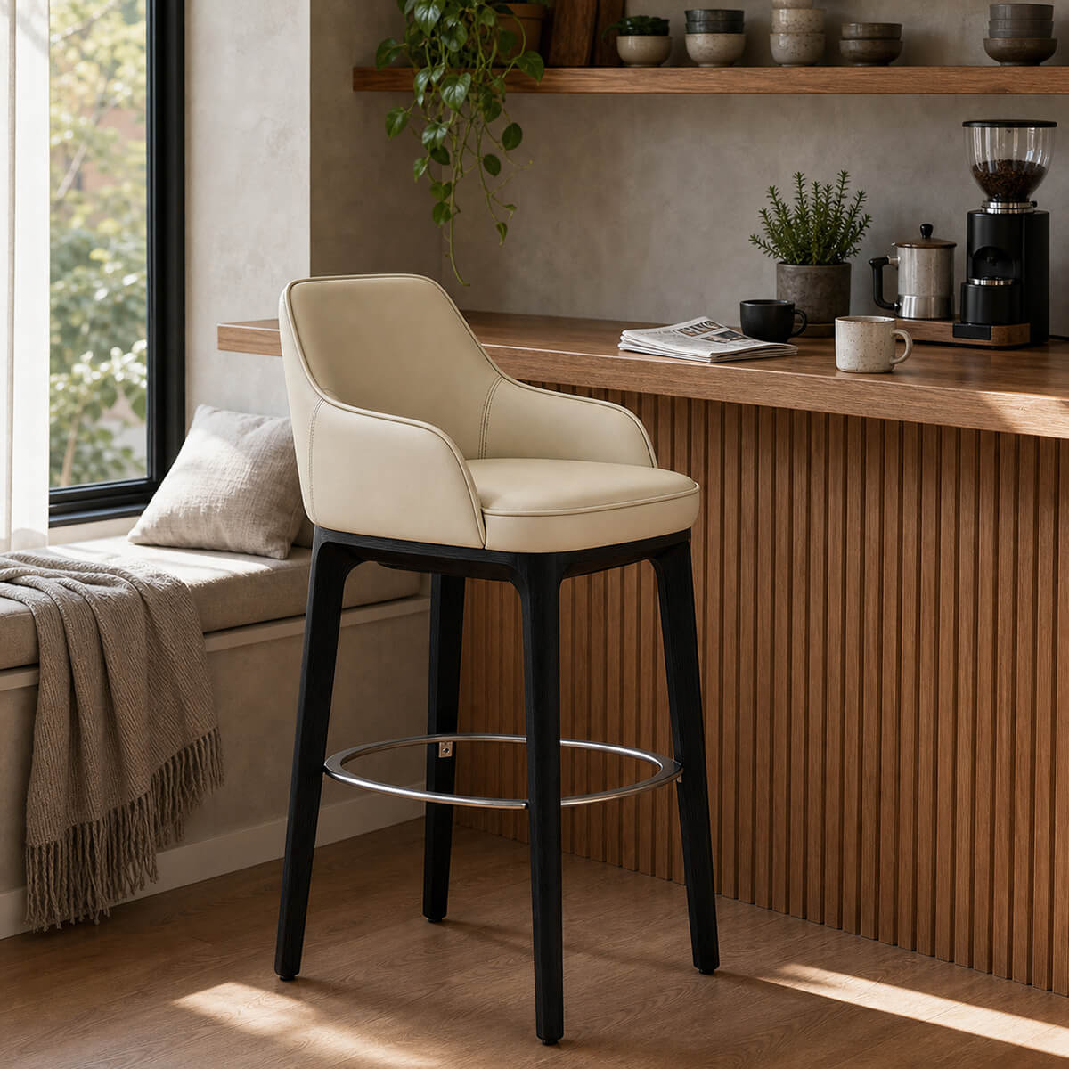 Milo Leather Bar Stool with cream leather upholstery beside kitchen island