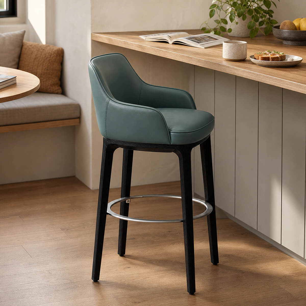 Milo Leather Bar Stool with teal leather upholstery