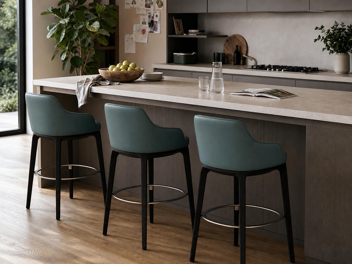Milo Leather Bar Stool three-seat arrangement around kitchen island