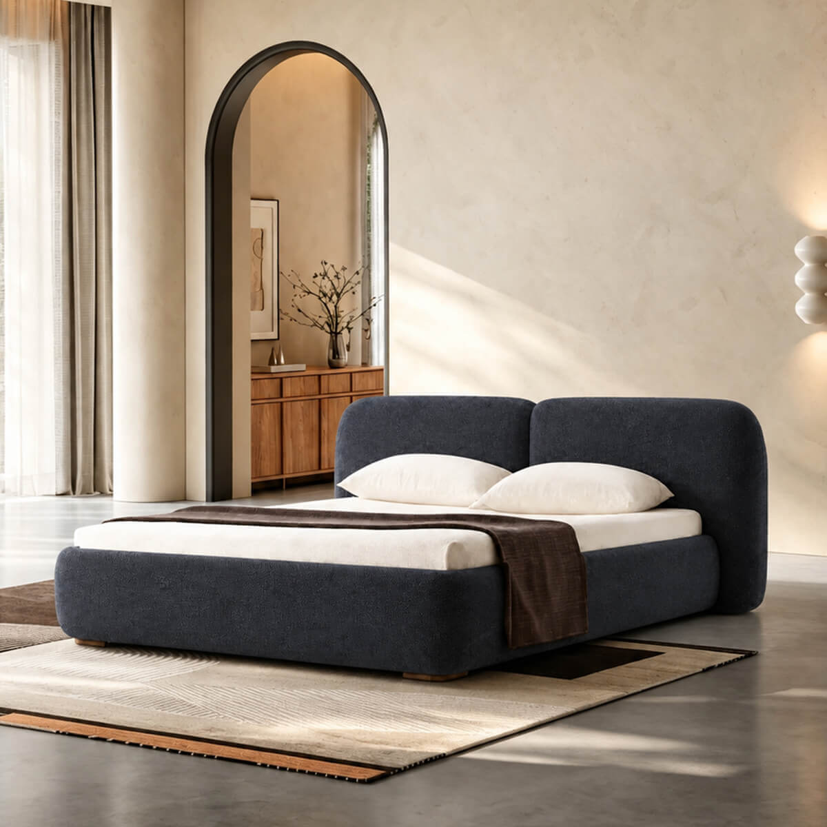 Miro upholstered bed frame in 624-3 fabric with curved split headboard