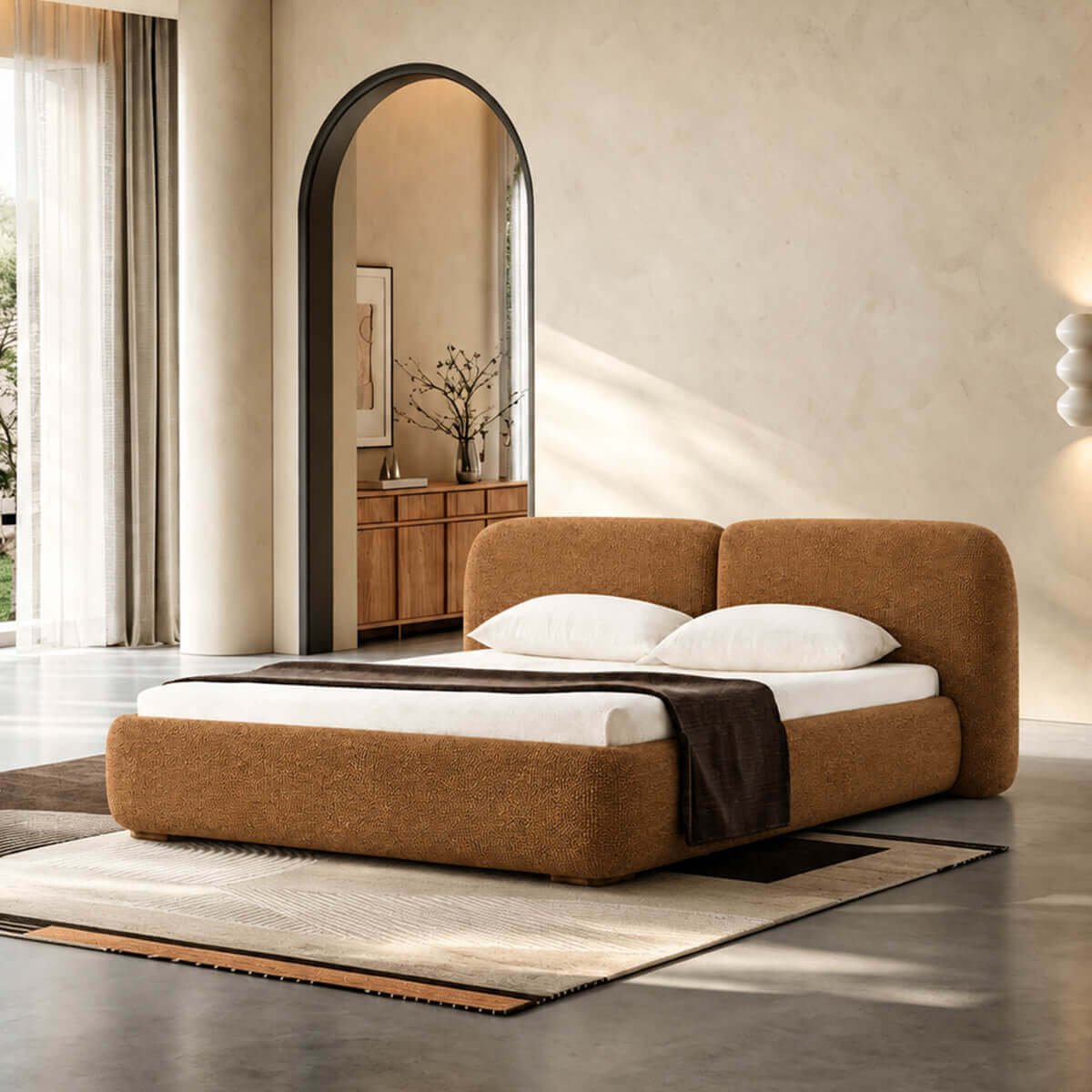 Miro upholstered bed frame in 624-7 fabric in bedroom setting
