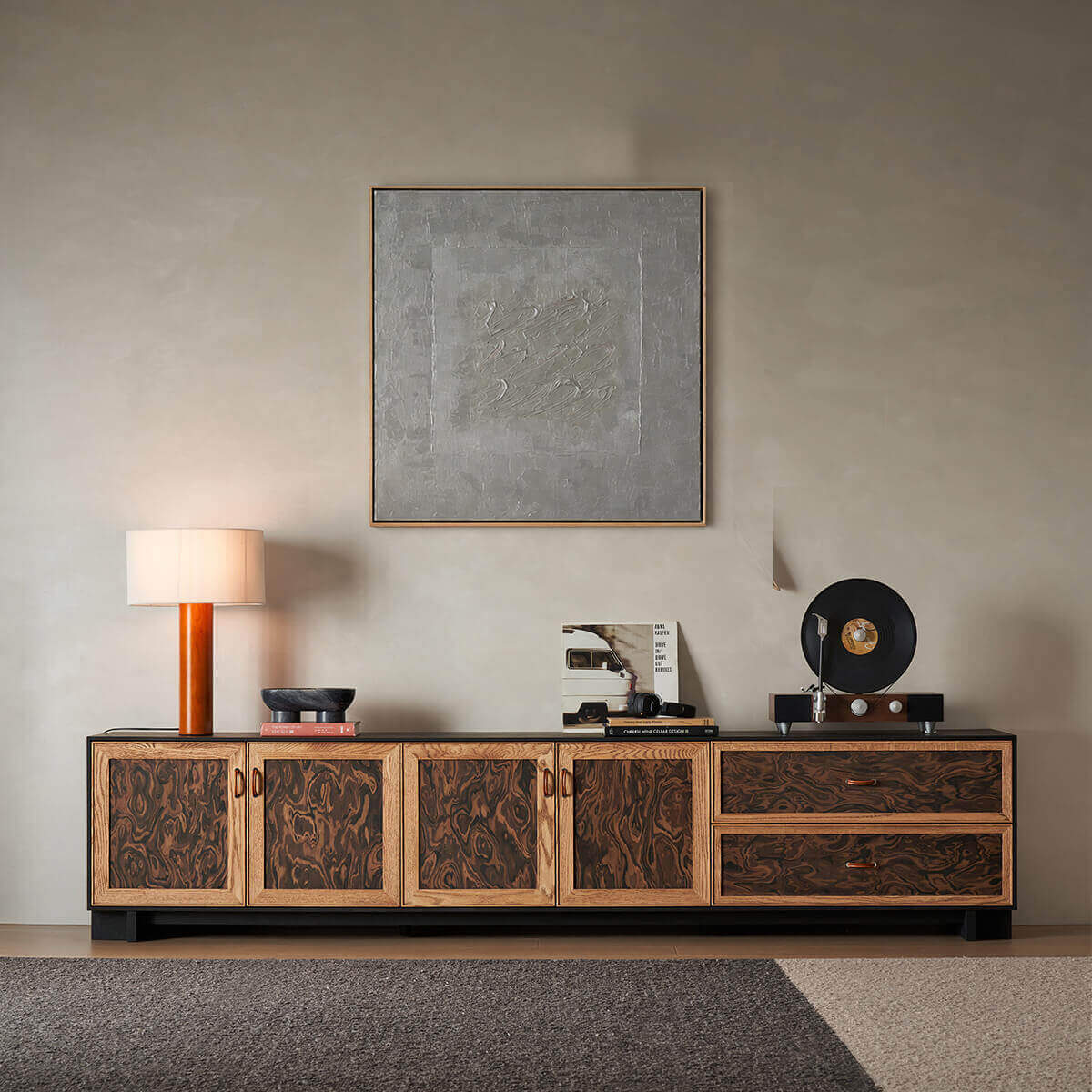 Mocha TV Unit featuring statement wood grain detailing and spacious storage