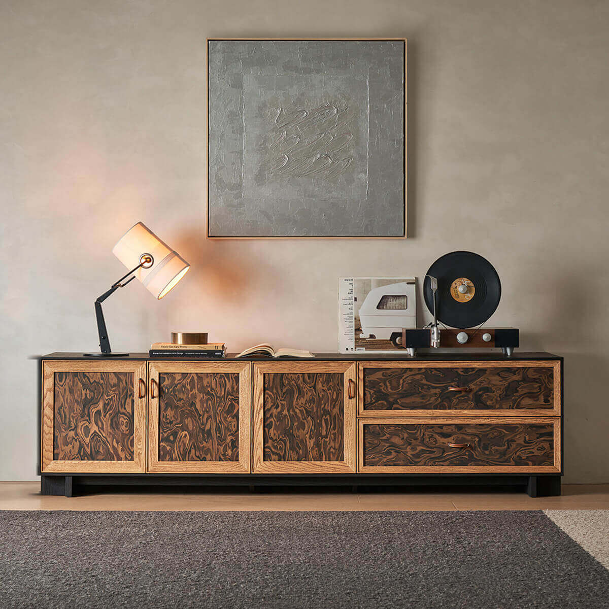 Mocha TV Unit with distinctive wood grain doors and drawers in a contemporary living room
