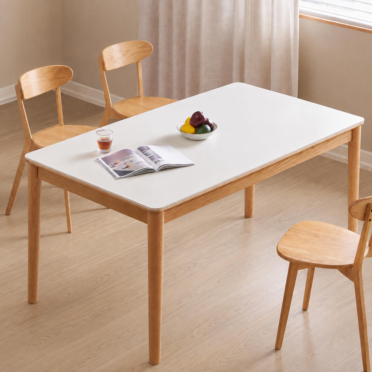Mora solid oak dining table with white sintered stone top