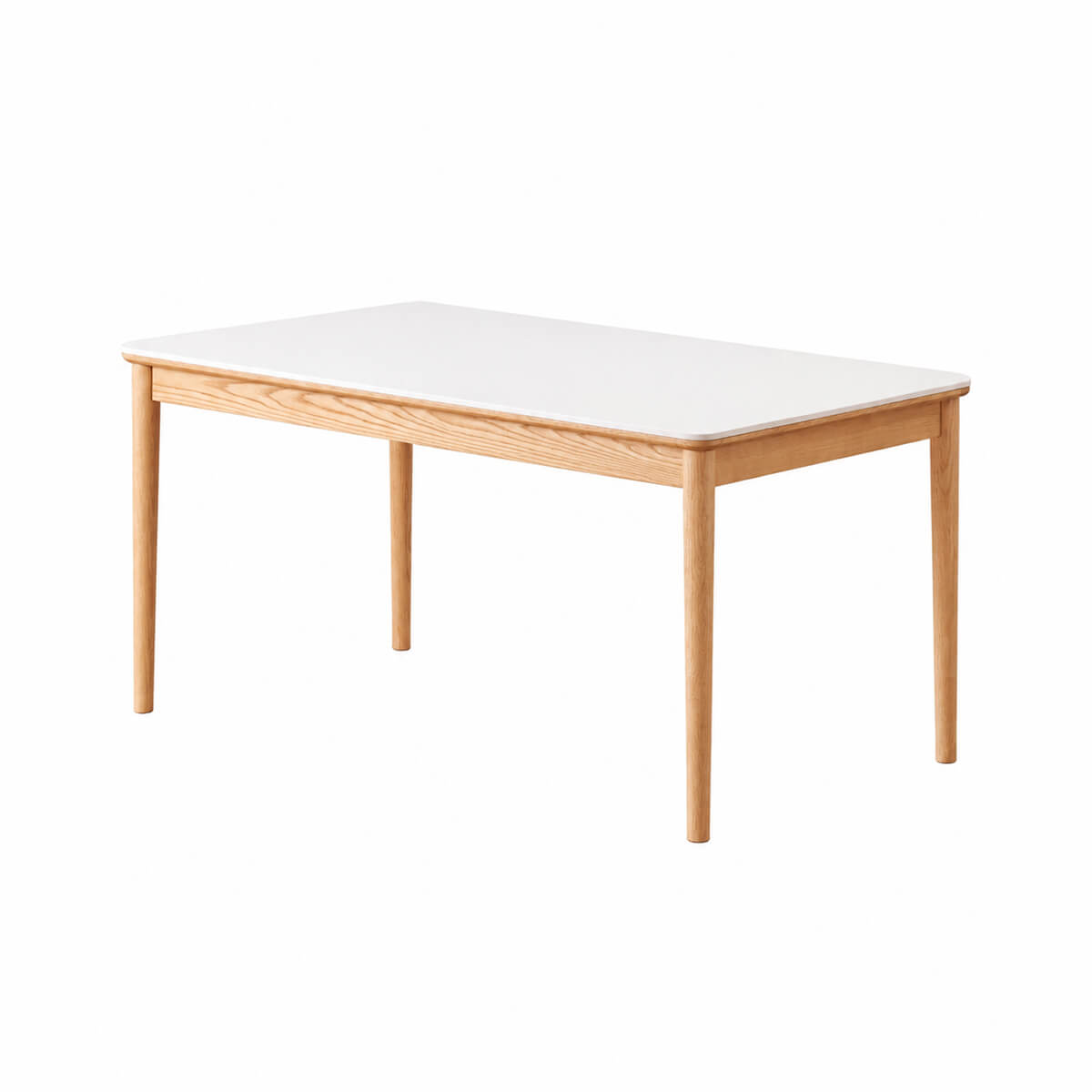 Mora solid oak dining table with white sintered stone top on white background