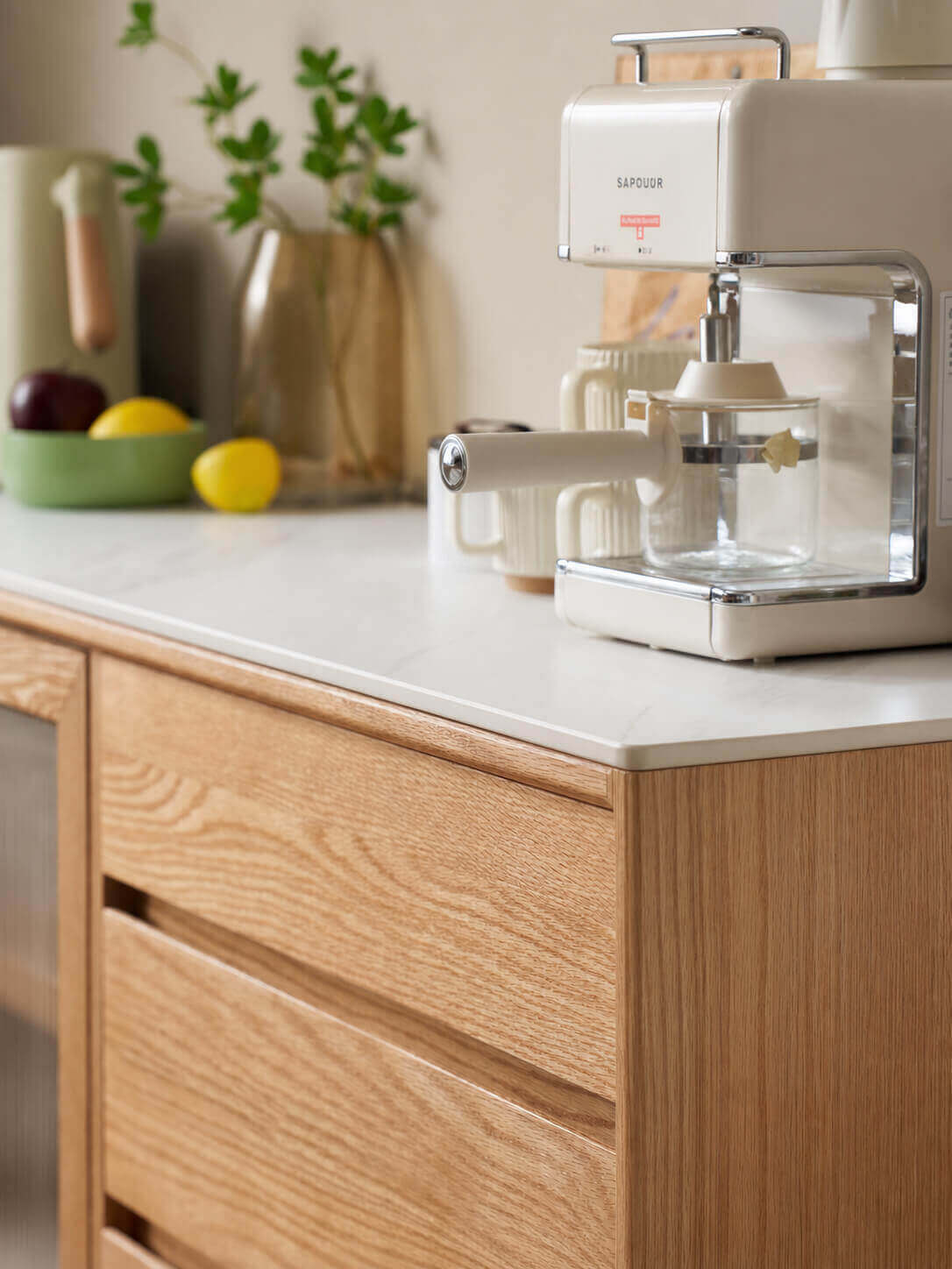 Mora Solid Oak Sideboard with sintered stone top styled with a coffee machine