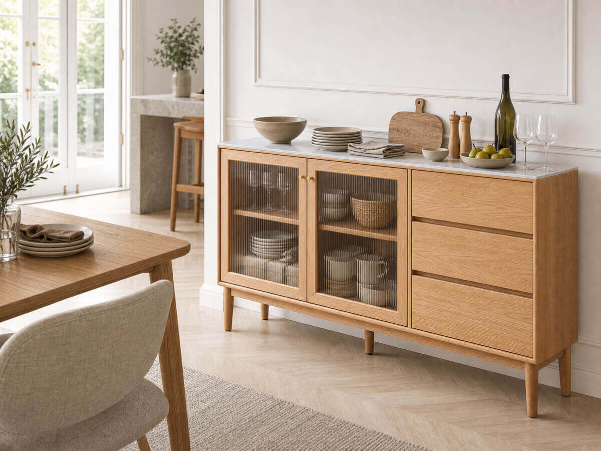 Mora Solid Oak Sideboard with stone top and reeded glass doors in a contemporary dining room