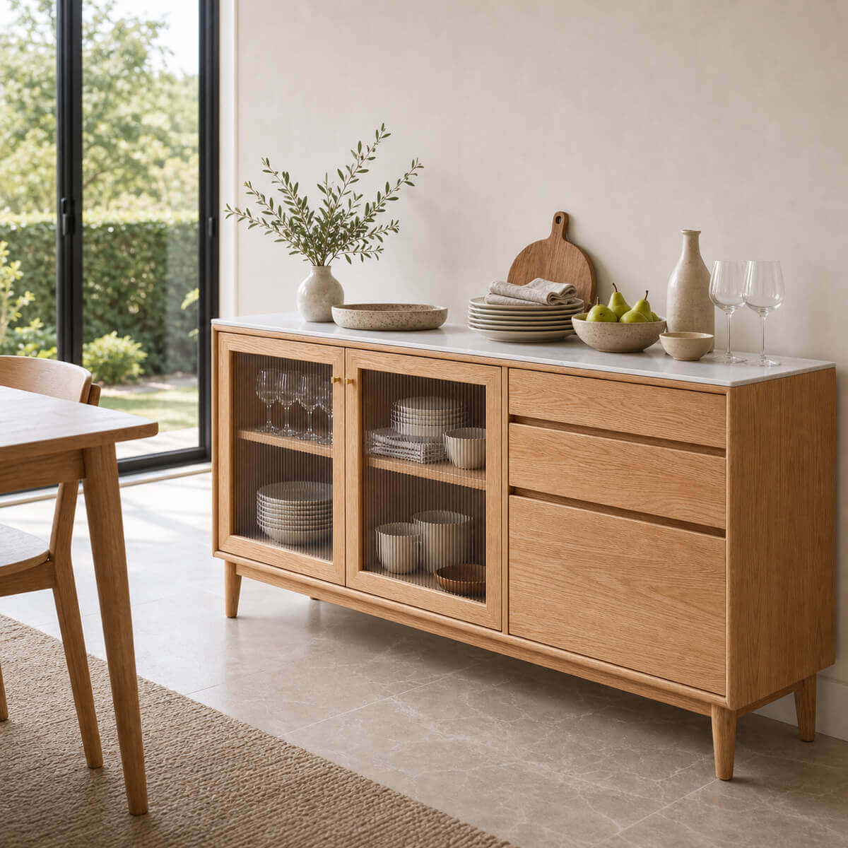 Angled view of the Mora Solid Oak Sideboard in a bright dining room