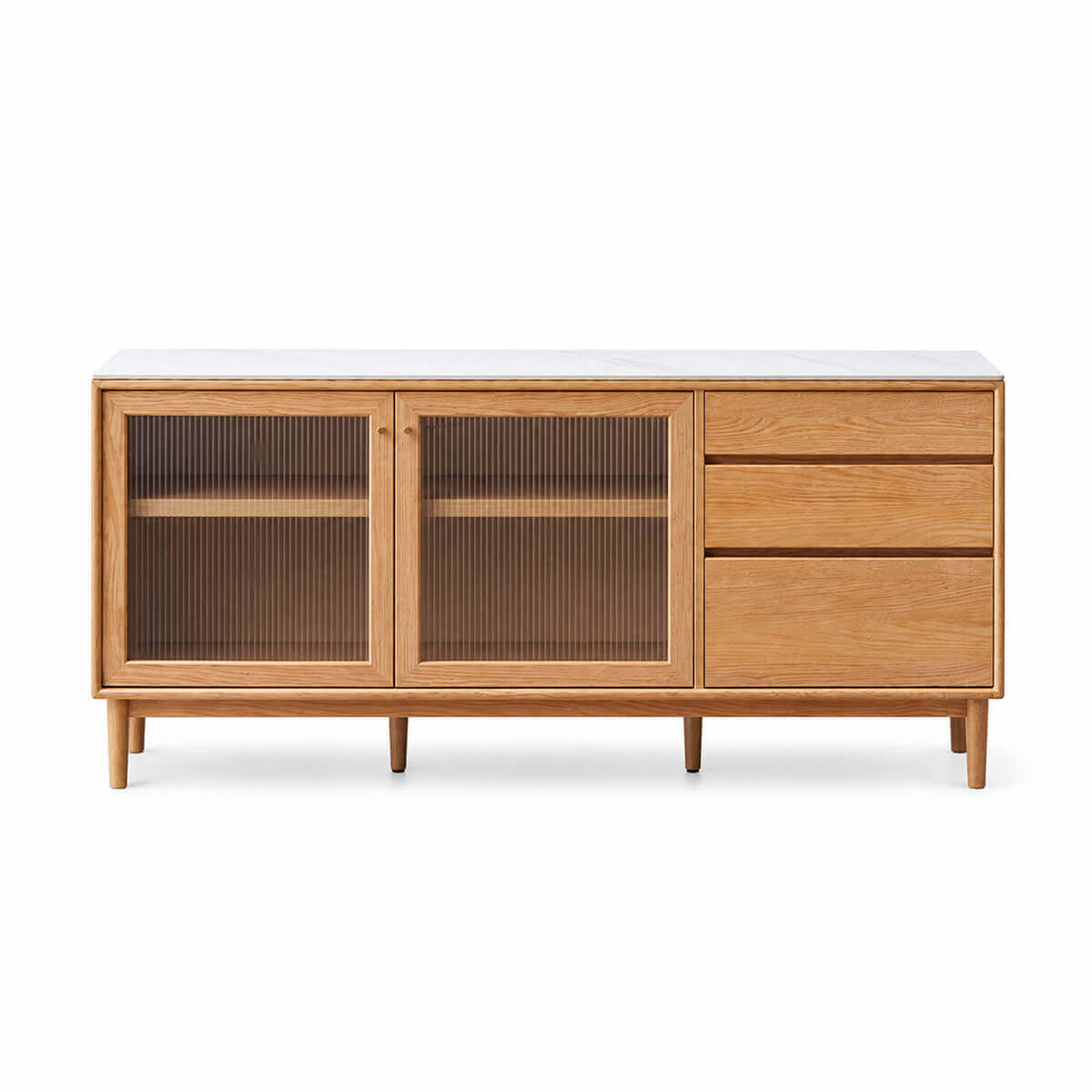 Front view of the Mora Solid Oak Sideboard with reeded glass doors and three drawers