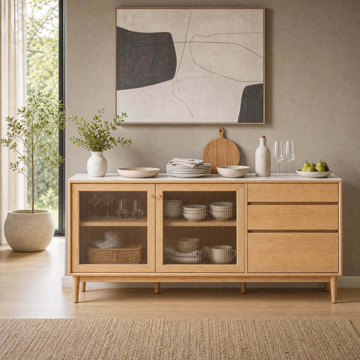Mora Solid Oak Sideboard with reeded glass doors and sintered stone top in a modern dining room