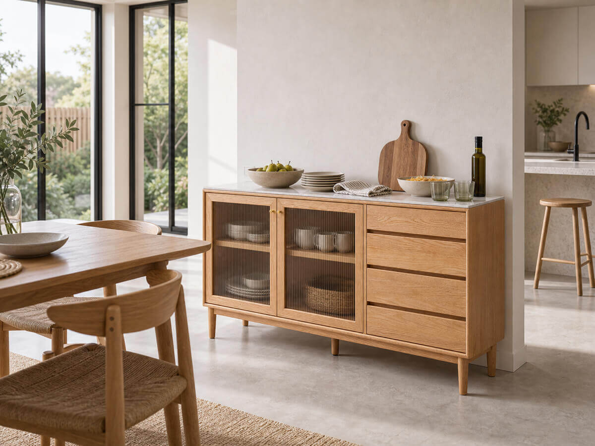 Mora Solid Oak Sideboard styled in an open-plan dining space
