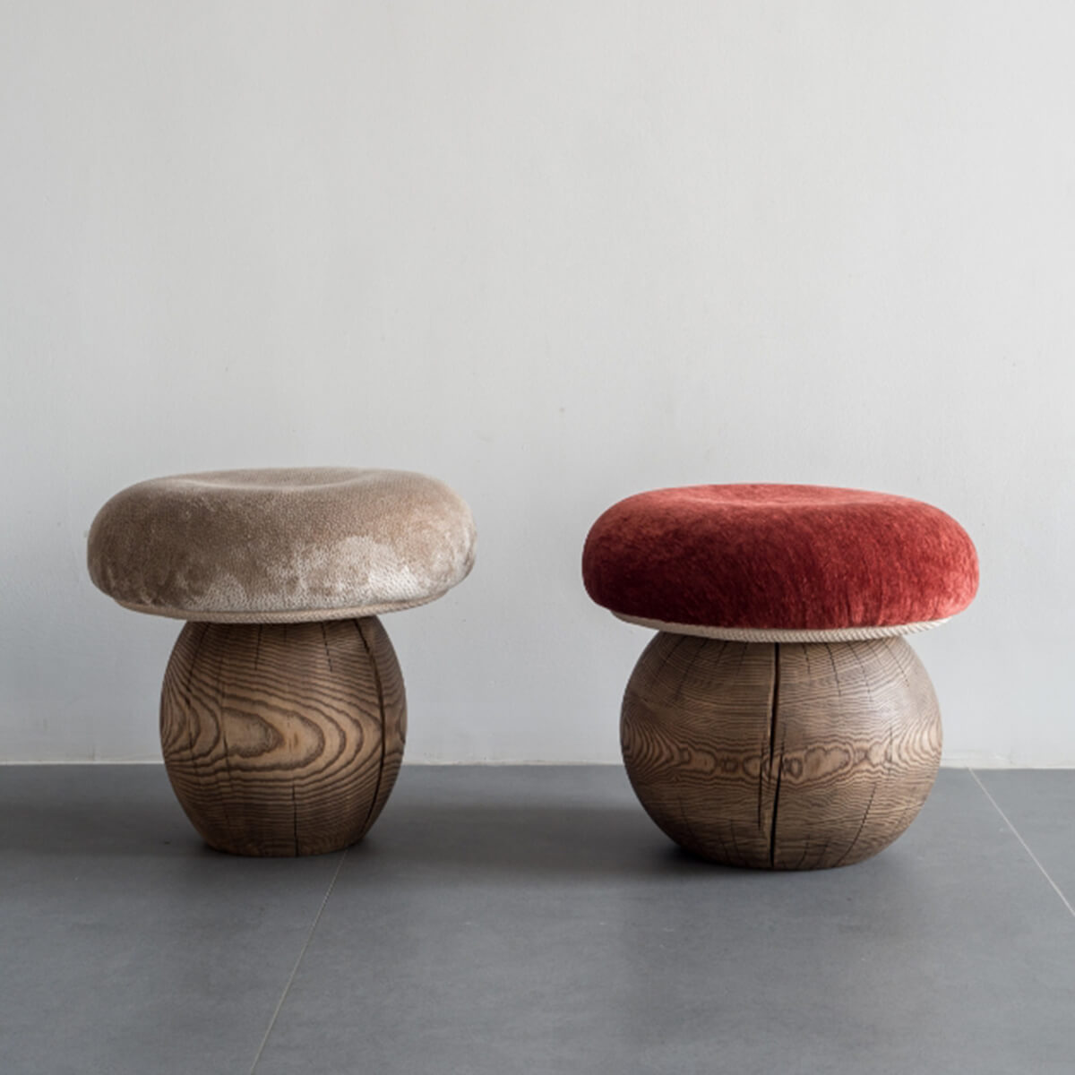 Mushroom tree root stool available with beige and red upholstered seats