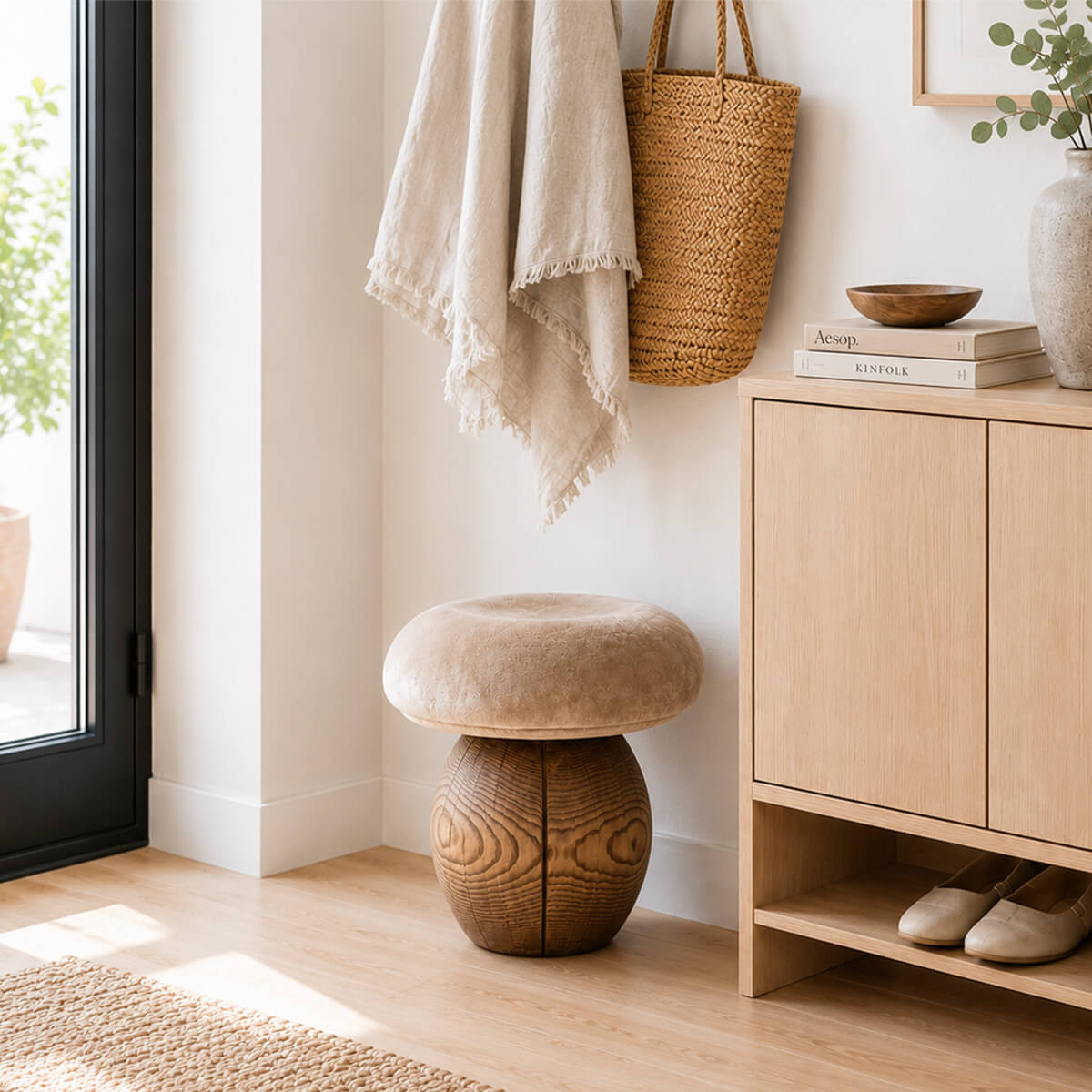 Mushroom tree root stool with upholstered seat in a modern entryway