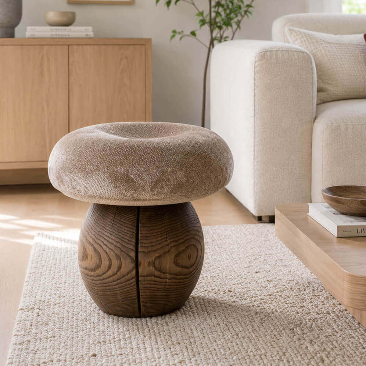 Mushroom tree root stool with upholstered seat in a contemporary living room