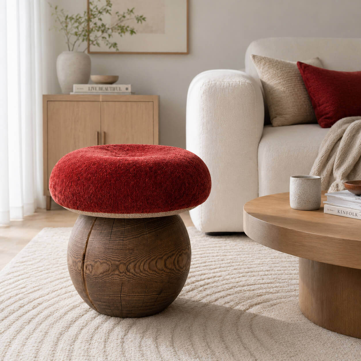 Red upholstered Mushroom tree root stool in a contemporary living room