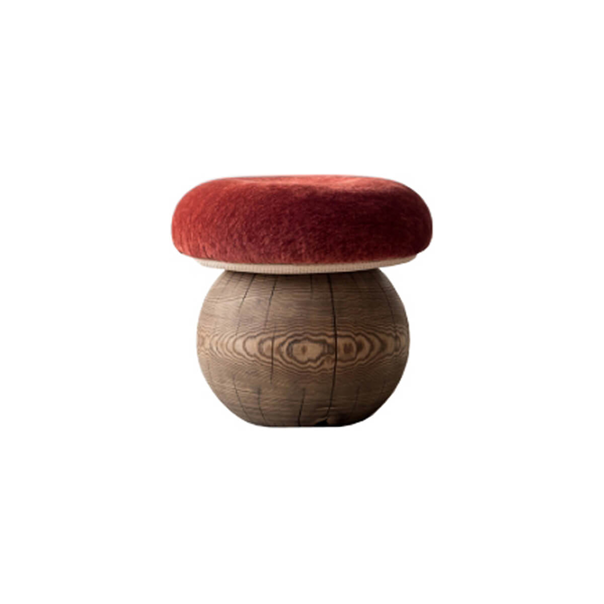 Mushroom tree root stool with red upholstered seat