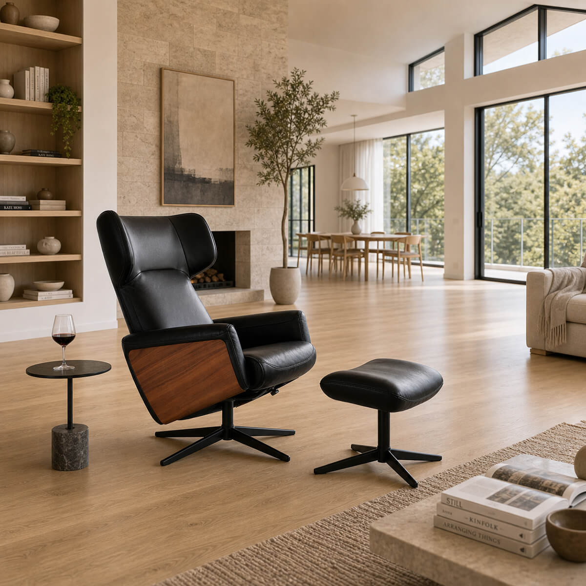 Noelia luxury recliner chair and stool in a spacious contemporary living room