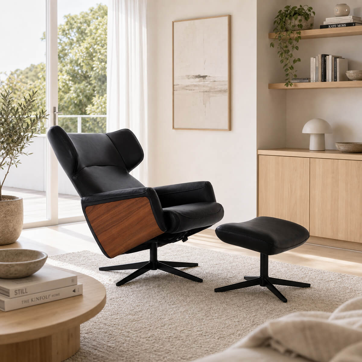 Noelia leather recliner chair with matching footstool in a Scandinavian living room