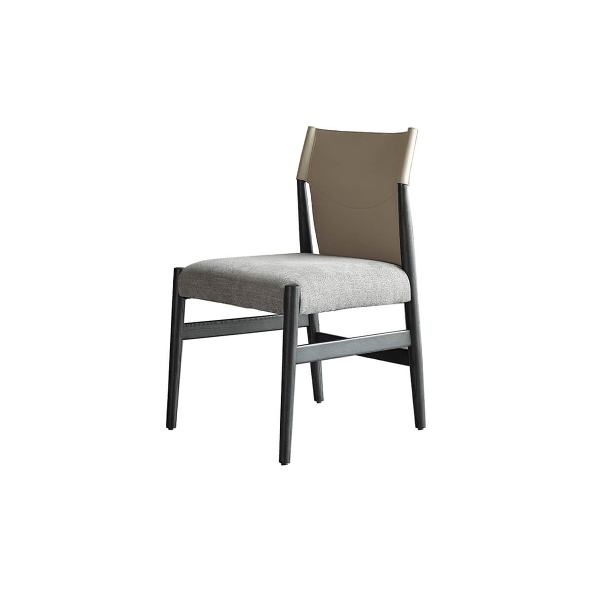 Angled view of Nora dining chair with saddle leather backrest and upholstered seat