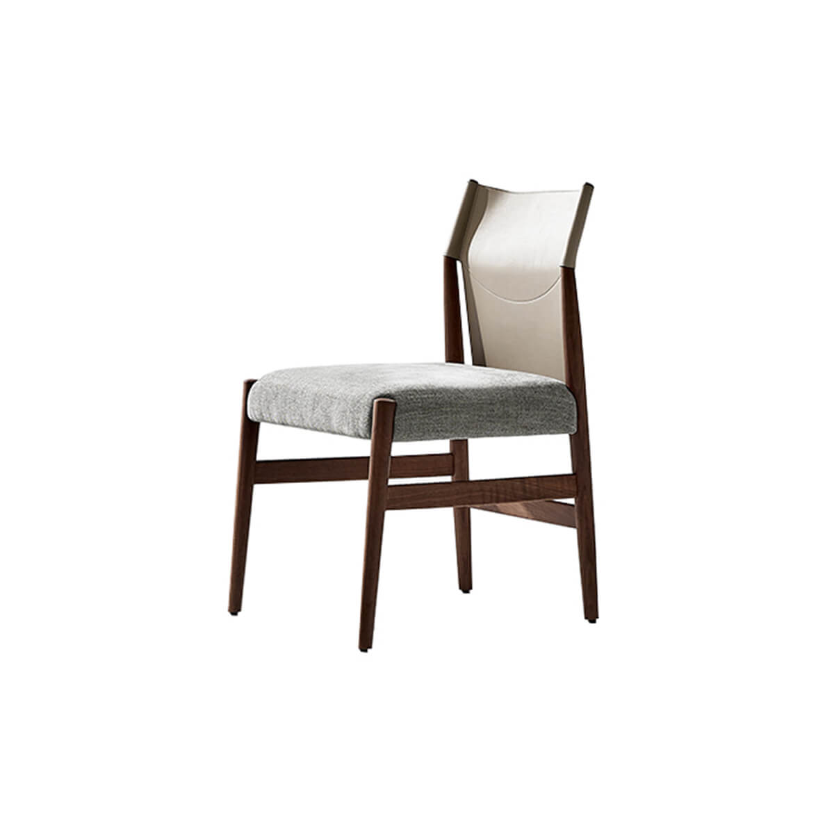Front view of Nora dining chair with saddle leather backrest and upholstered seat