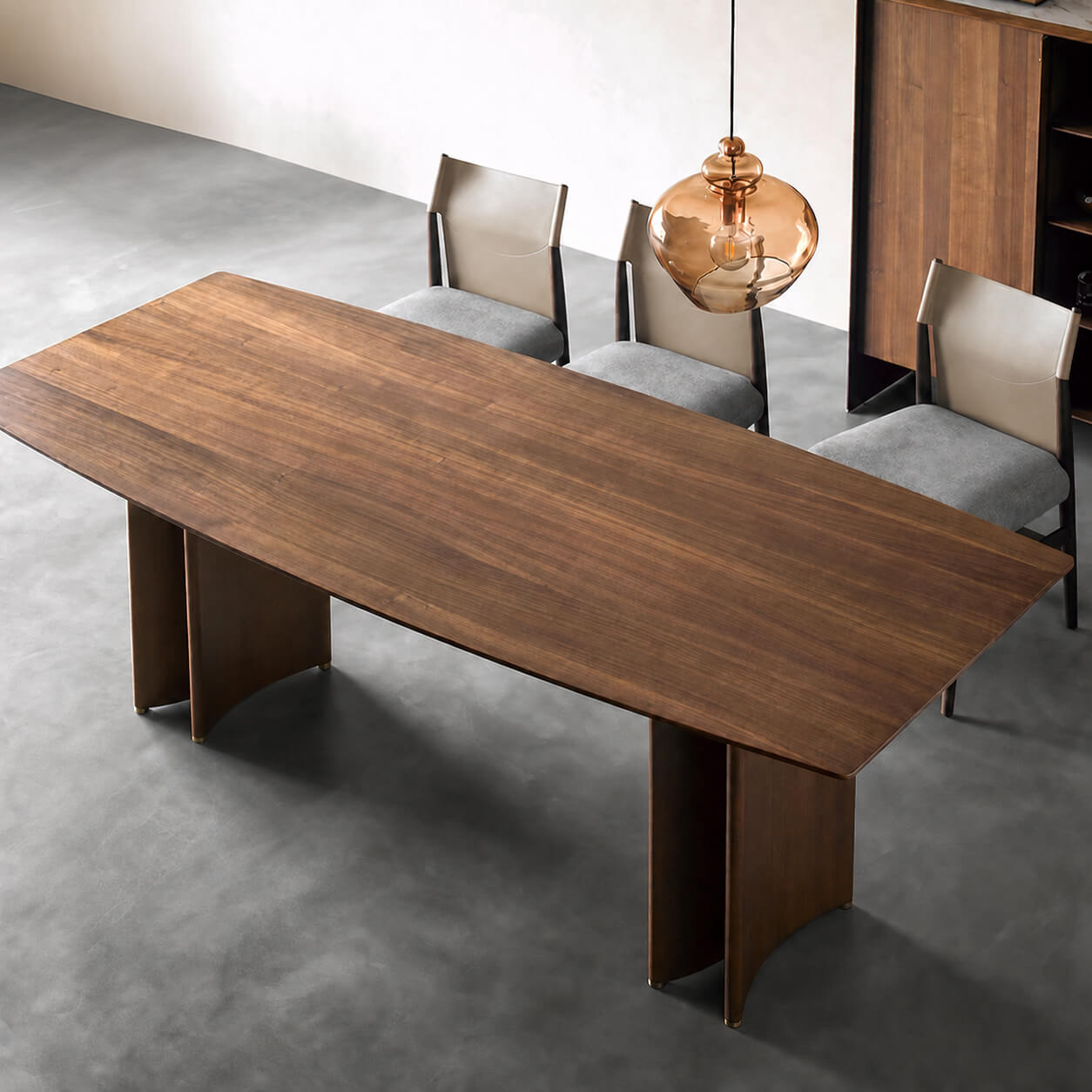 Nora walnut veneer dining table with sculptural base