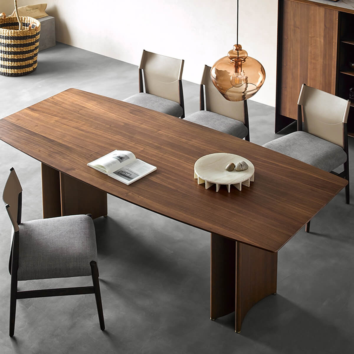 Nora walnut veneer dining table with sculptural pedestal base