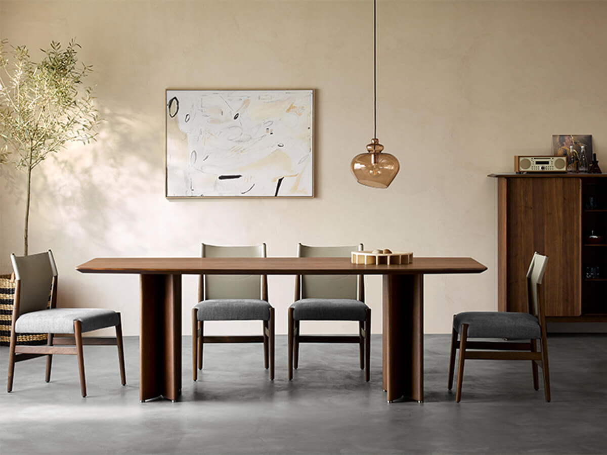 Nora walnut veneer dining table with matching dining chairs