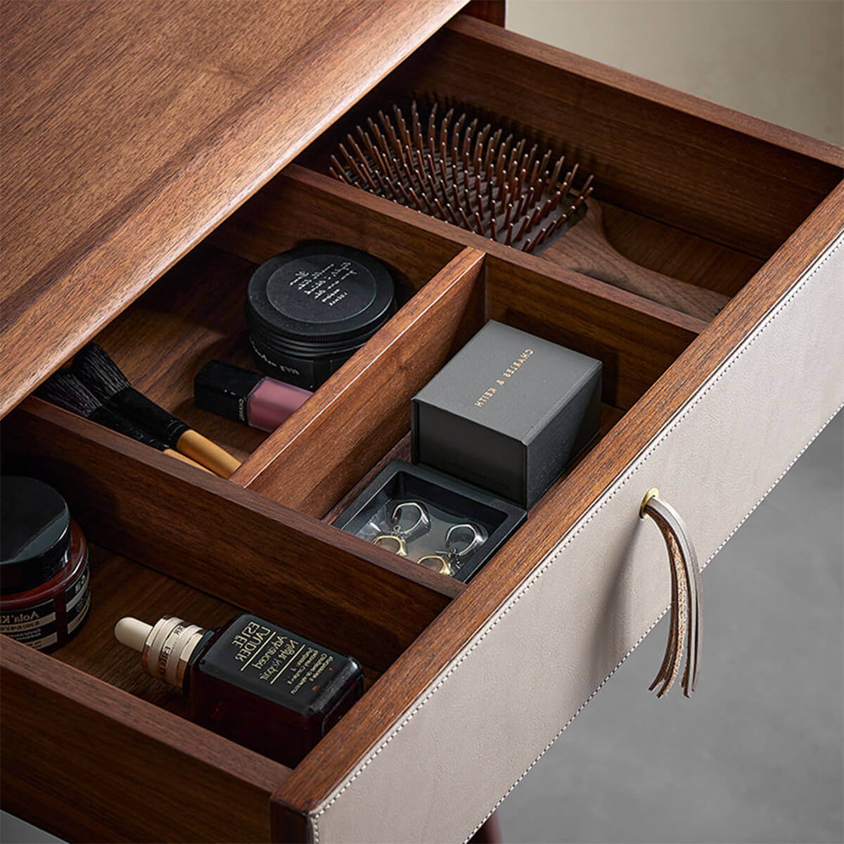 Nora walnut dressing table drawer storage with divided compartments